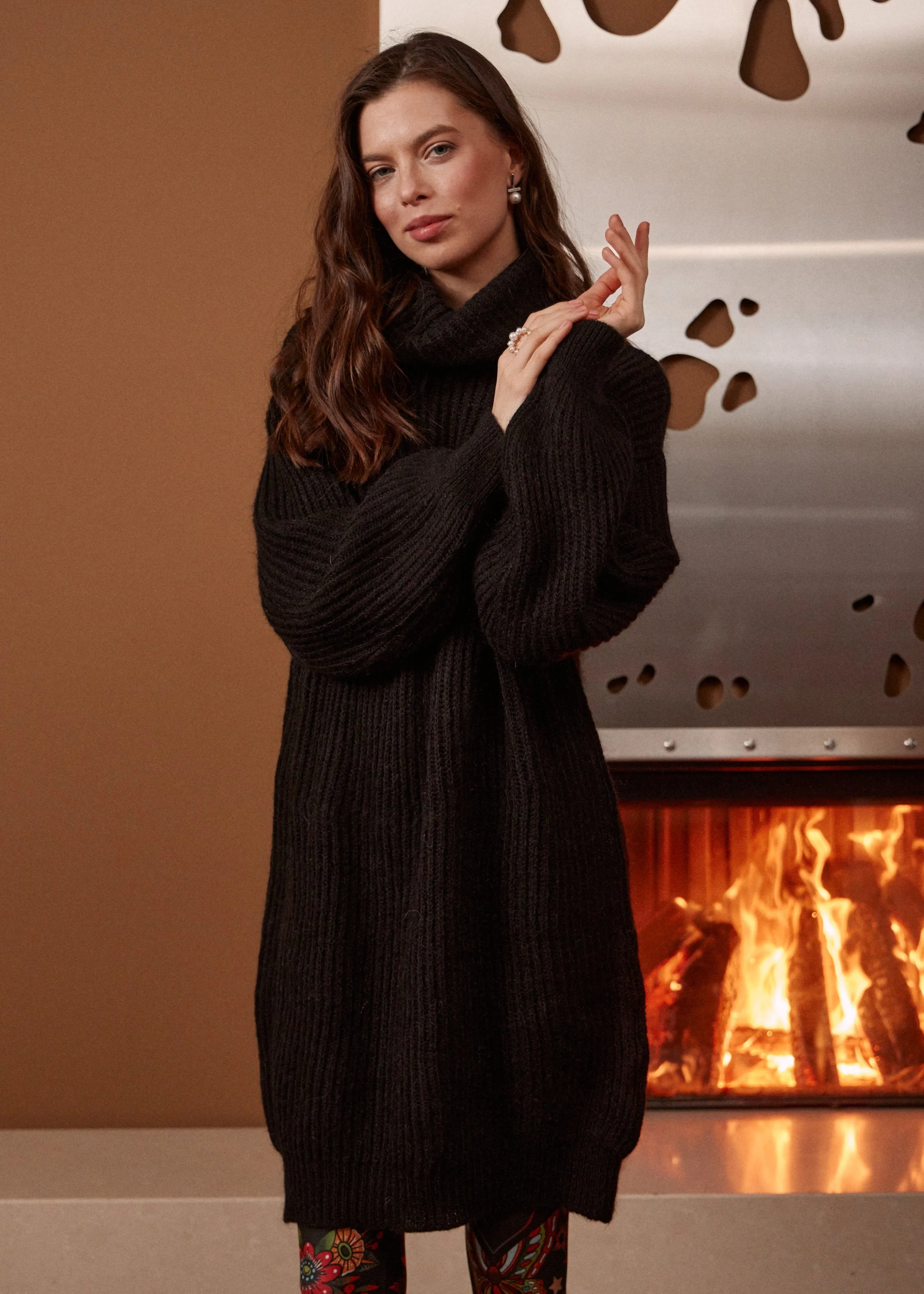 Black Chic Knit Sweater Dress with Funnel Neck