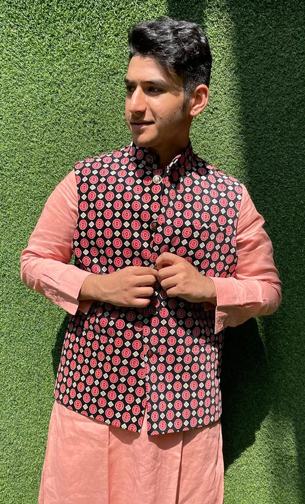 Black Digital Printed Velvet Nehru Jacket