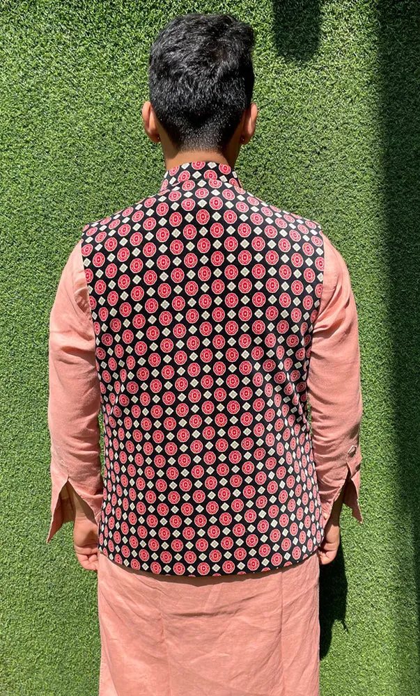 Black Digital Printed Velvet Nehru Jacket