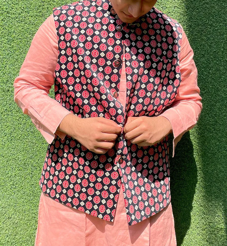 Black Digital Printed Velvet Nehru Jacket