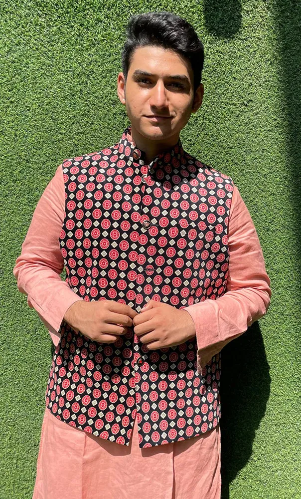 Black Digital Printed Velvet Nehru Jacket