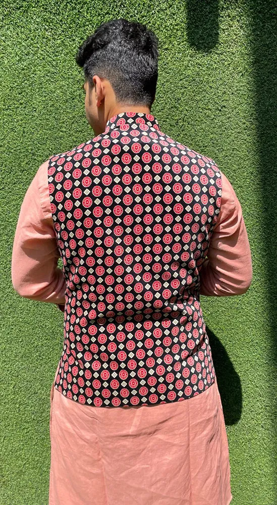 Black Digital Printed Velvet Nehru Jacket