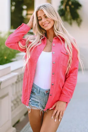 Buttoned Flap Pocket Pink Corduroy Jacket