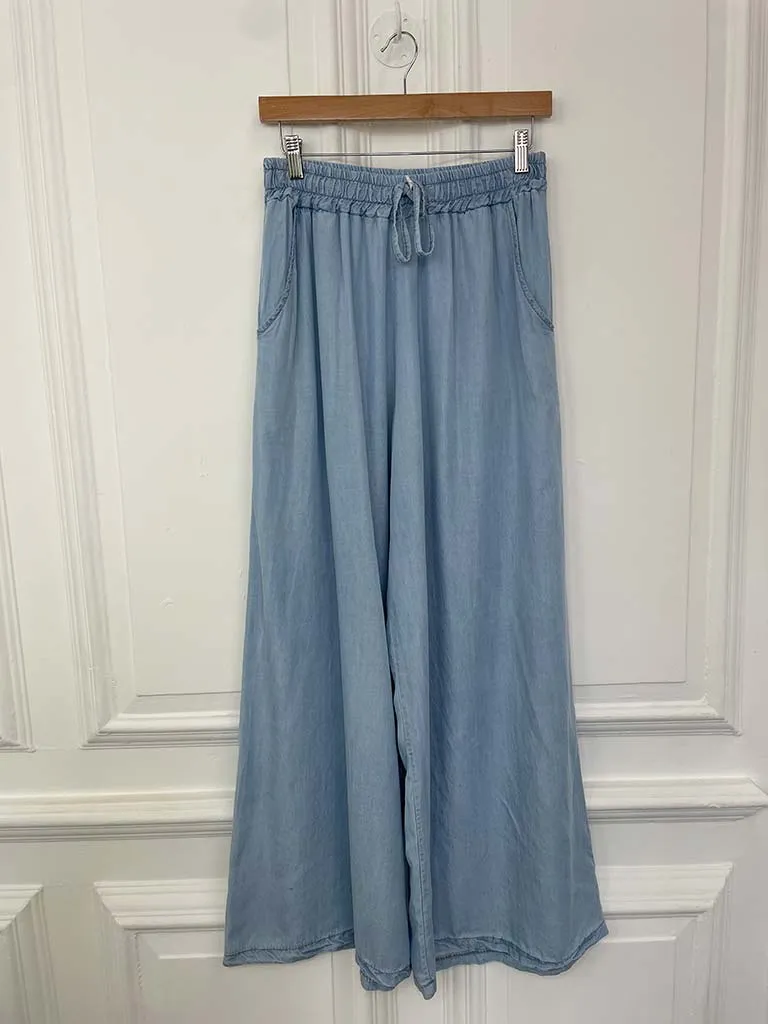 Chambray Palazzo Trousers - Light Denim