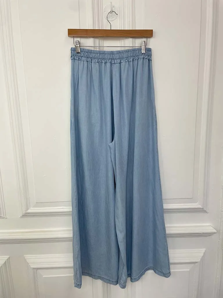 Chambray Palazzo Trousers - Light Denim