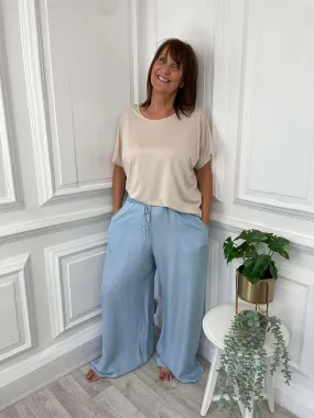 Chambray Palazzo Trousers - Light Denim