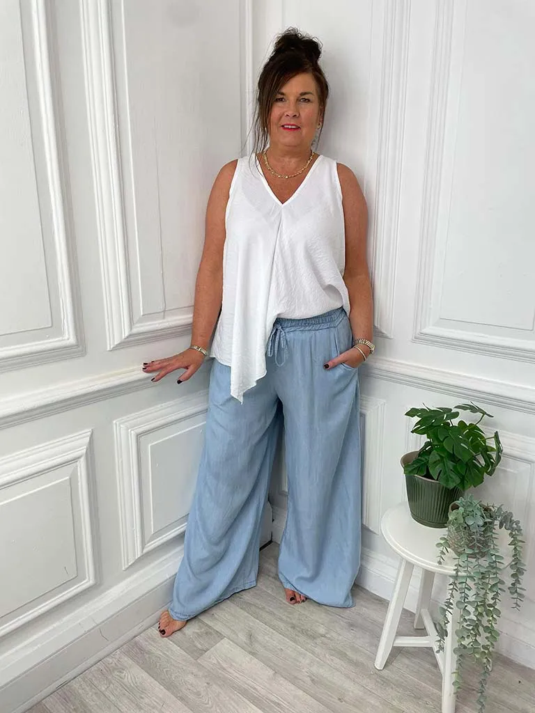 Chambray Palazzo Trousers - Light Denim