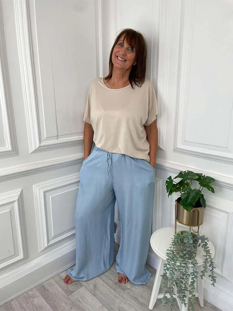 Chambray Palazzo Trousers - Light Denim