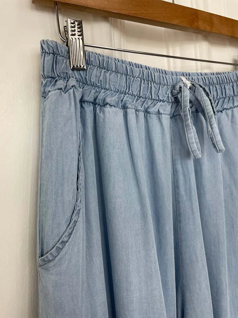 Chambray Palazzo Trousers - Light Denim
