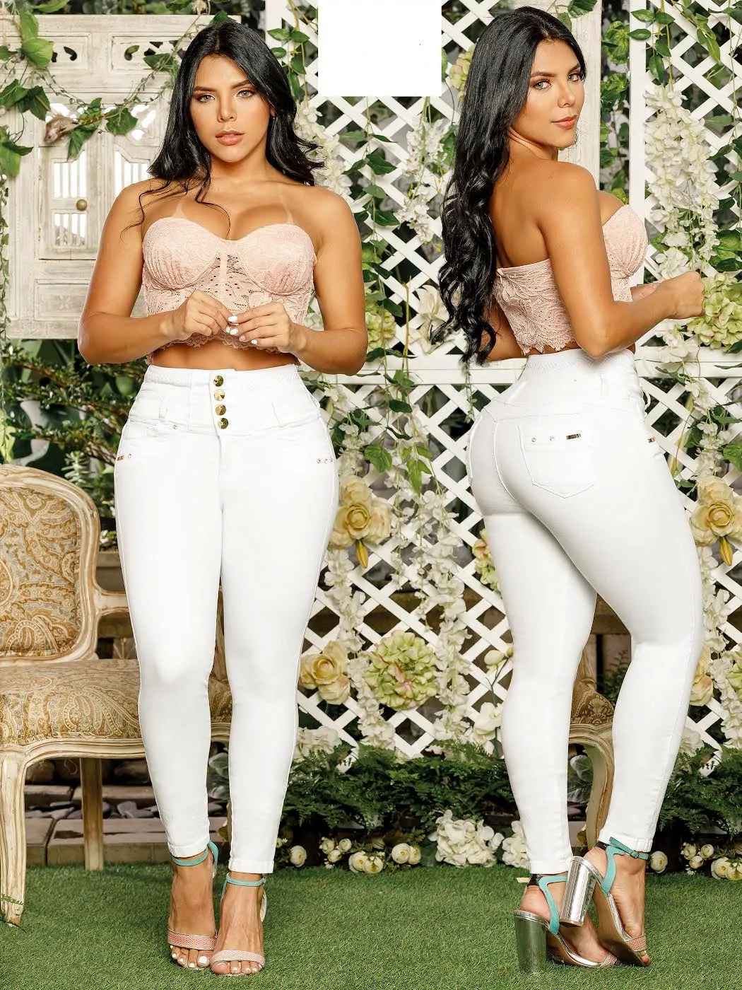 DM Shapewear - White 4 button High Waist abdomen Control Push up Jeans 6476