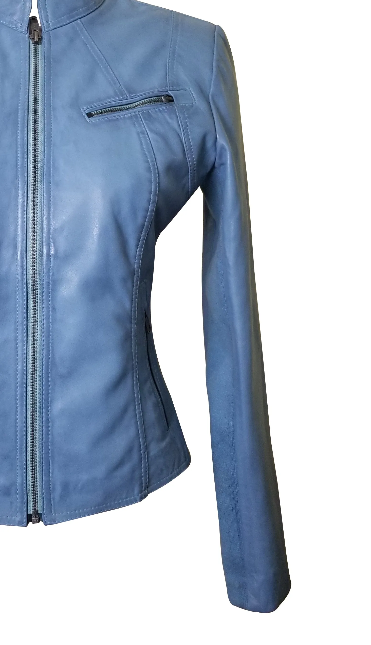 Erna Sky Blue Leather Jacket With Stretch Ribbing