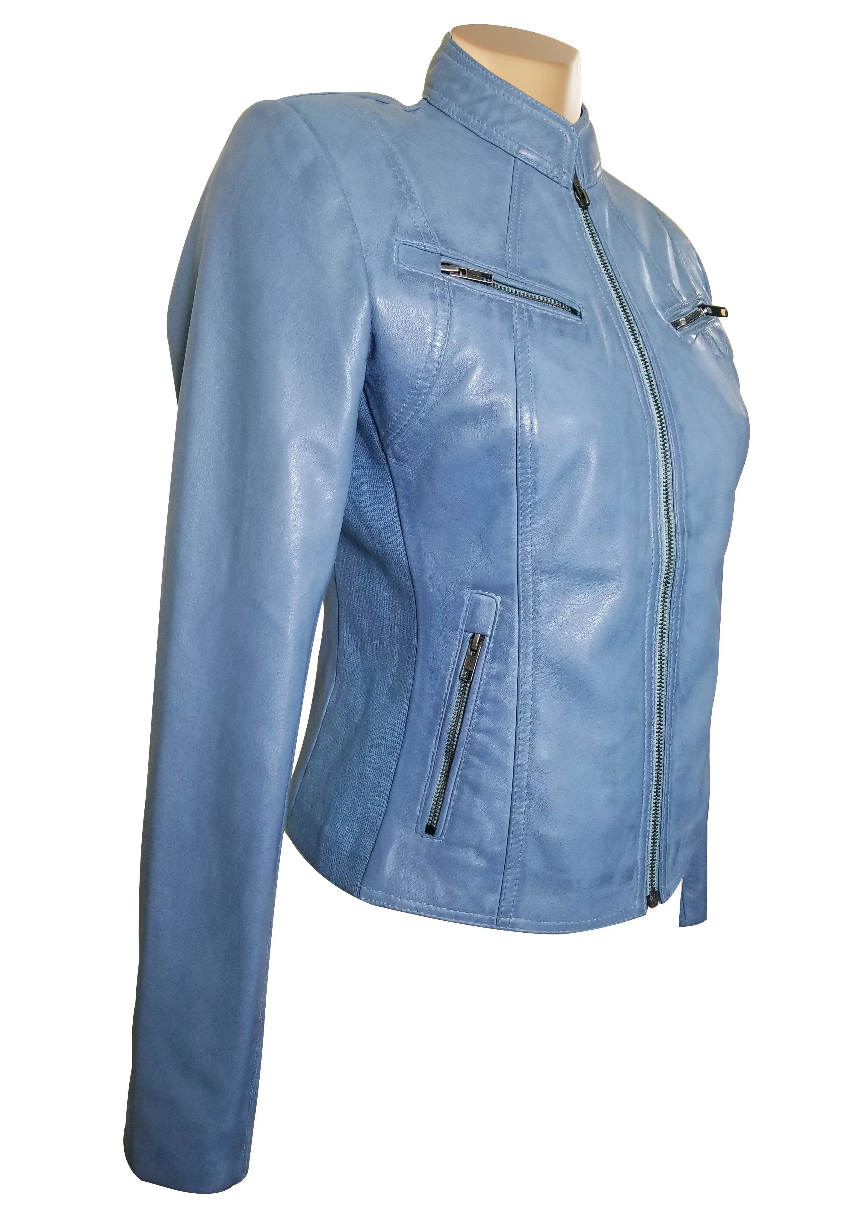 Erna Sky Blue Leather Jacket With Stretch Ribbing