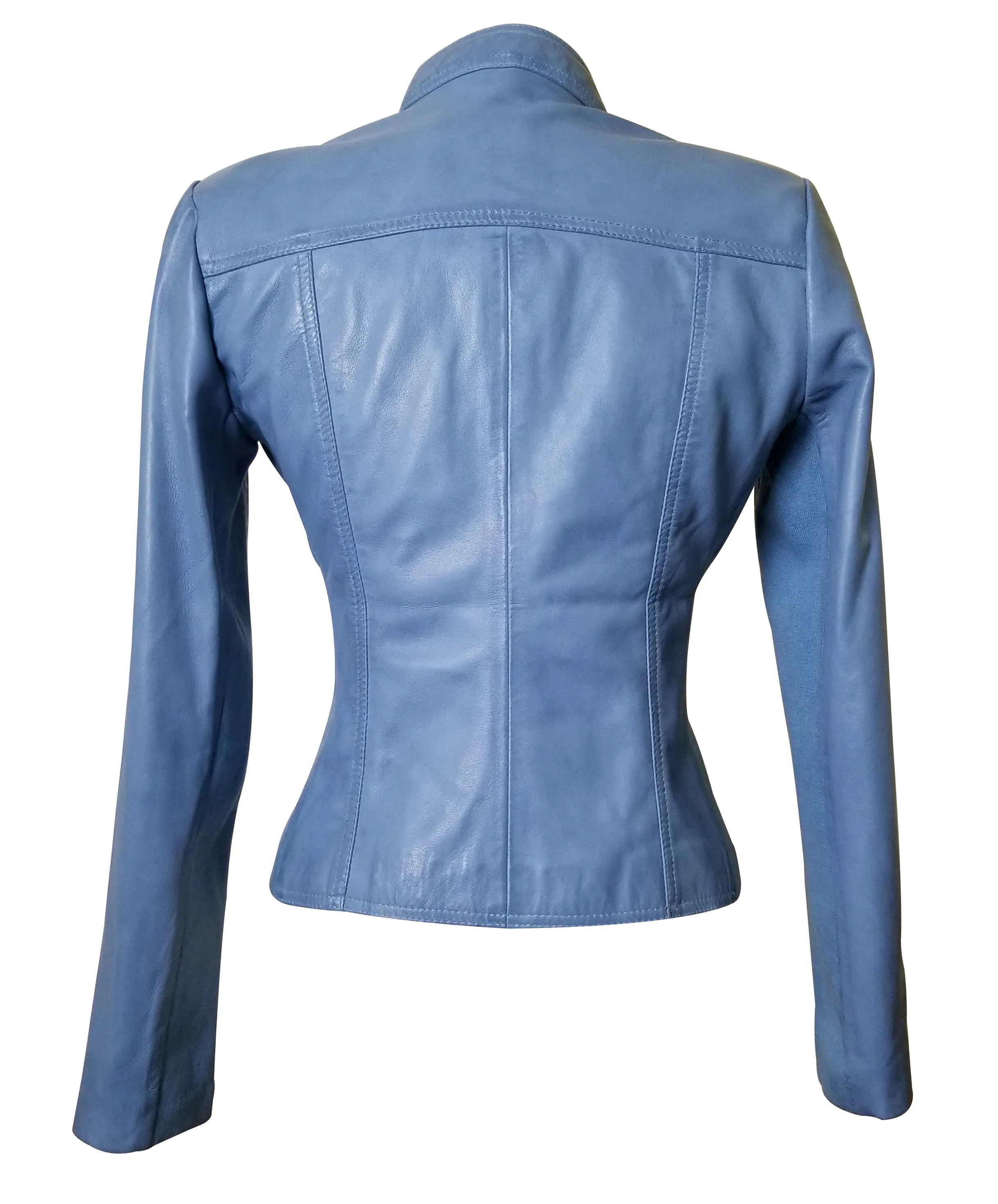 Erna Sky Blue Leather Jacket With Stretch Ribbing