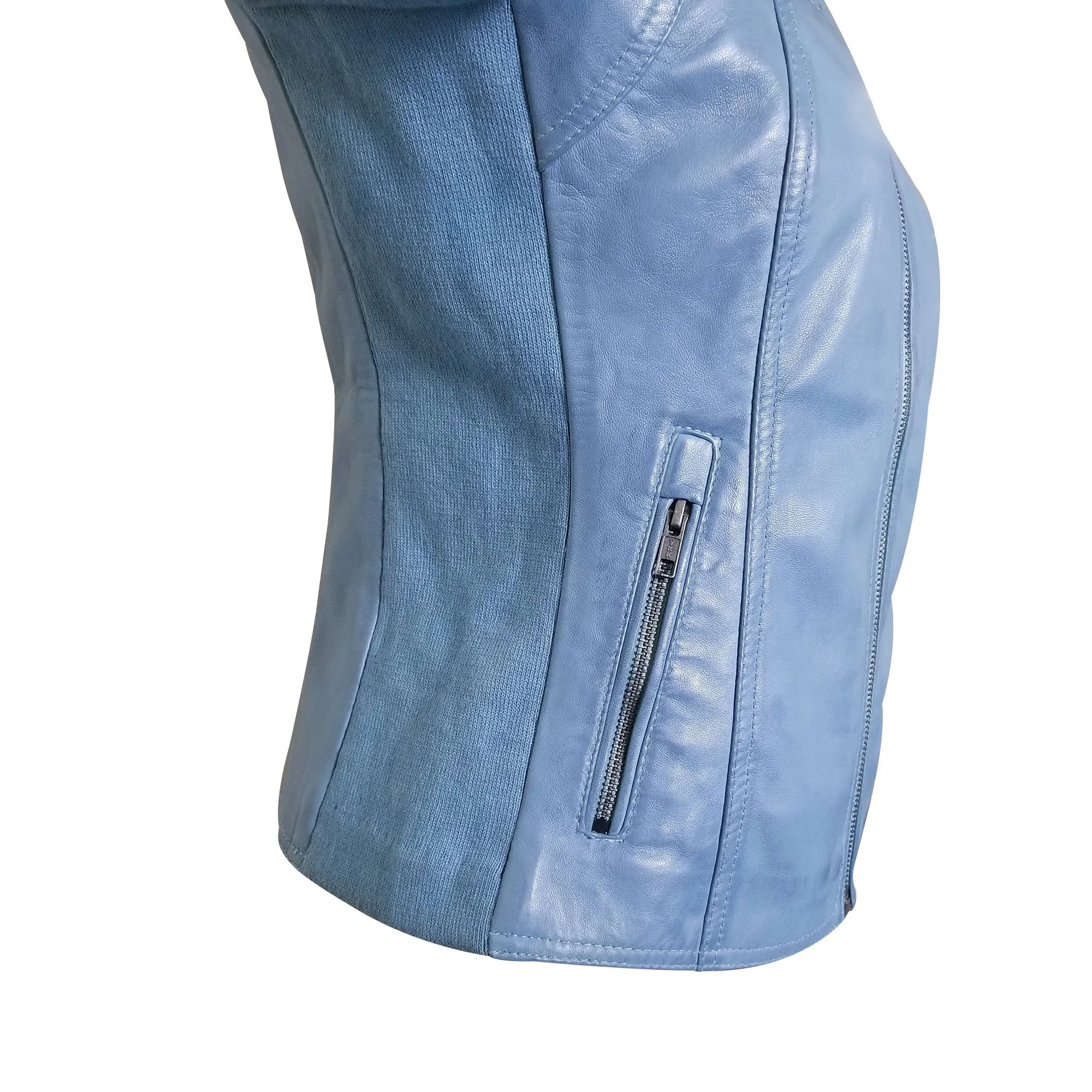Erna Sky Blue Leather Jacket With Stretch Ribbing