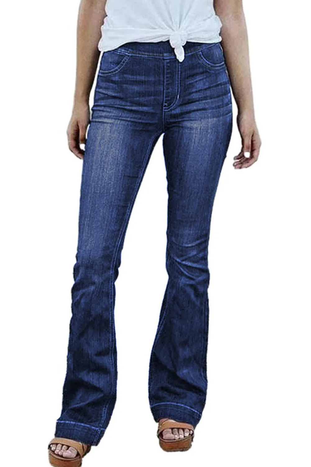 Fashion Women Blue High Rise Elastic Waist Flare Jeans