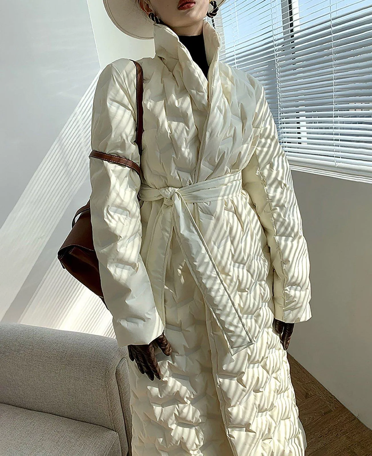 Glossy Belted Wrap Down Puffer Longline Coat