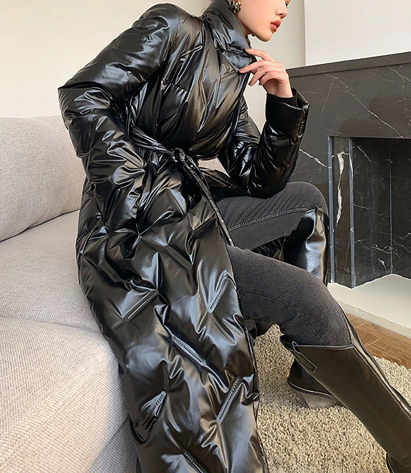 Glossy Belted Wrap Down Puffer Longline Coat