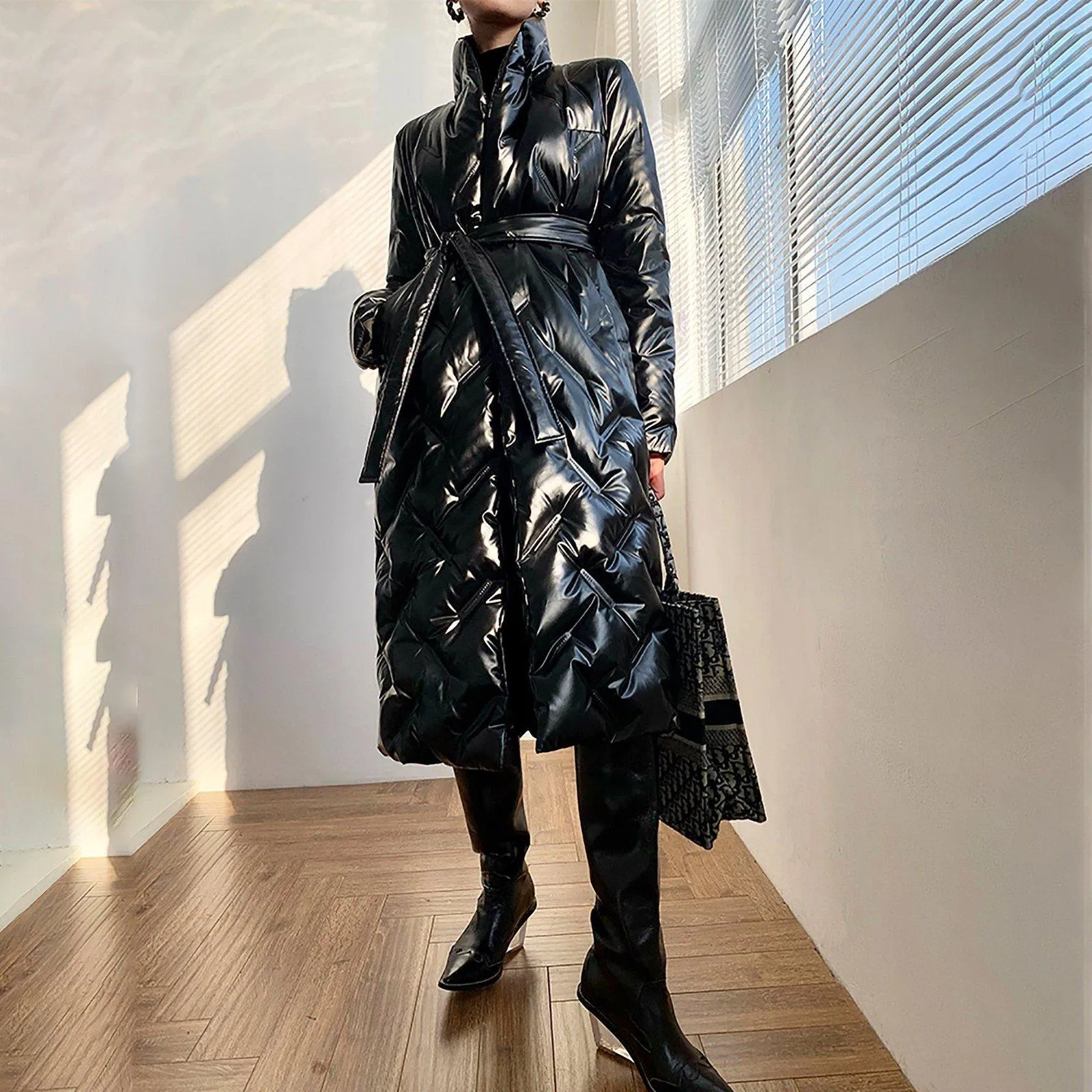 Glossy Belted Wrap Down Puffer Longline Coat