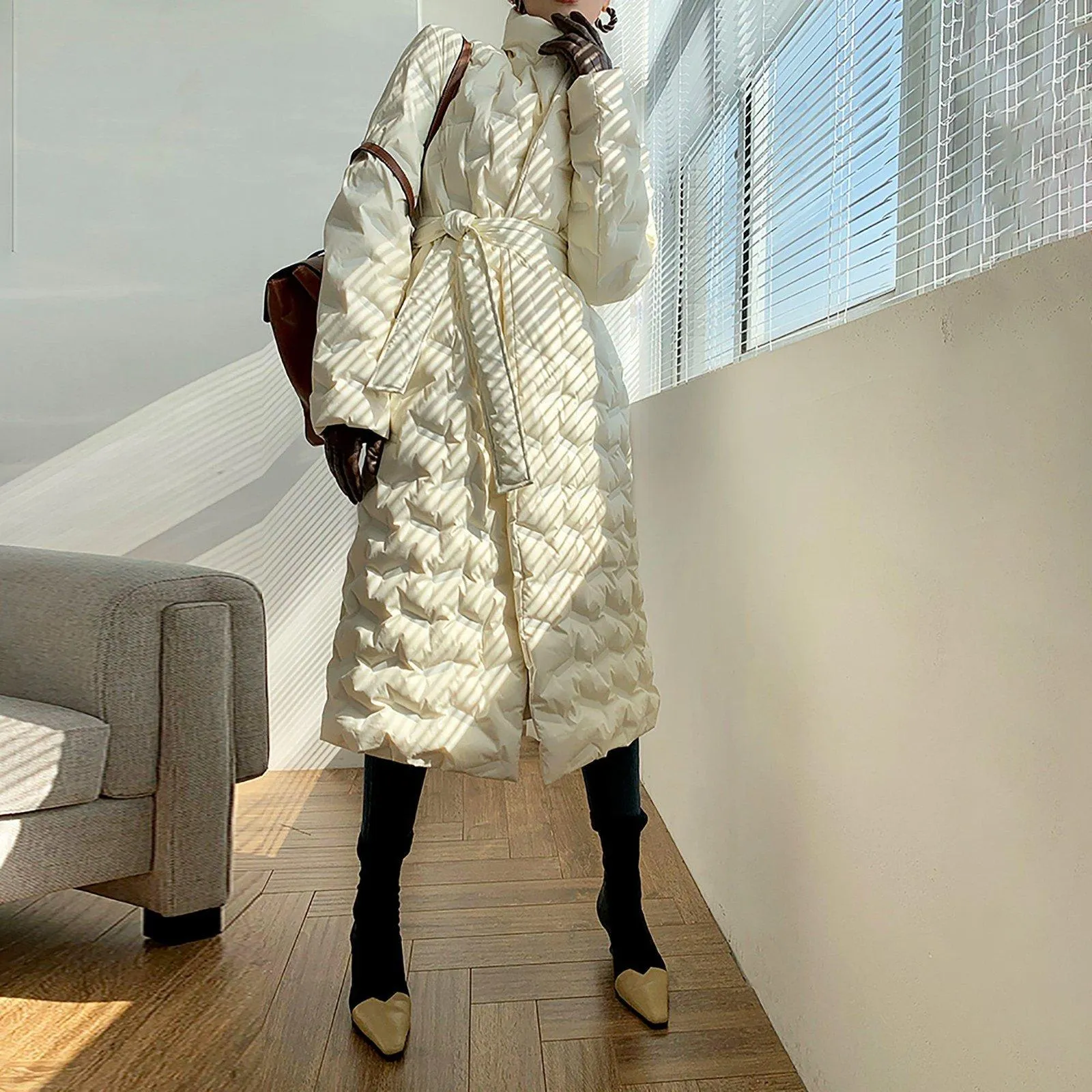 Glossy Belted Wrap Down Puffer Longline Coat