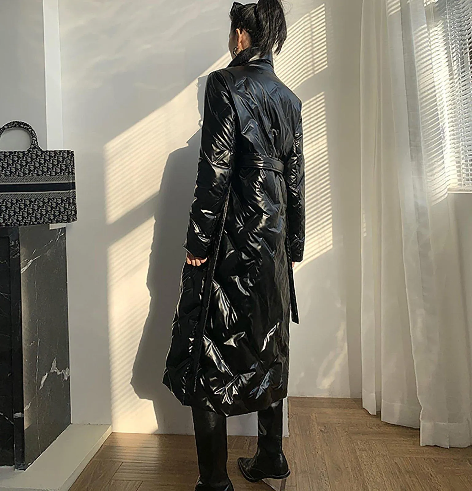 Glossy Belted Wrap Down Puffer Longline Coat