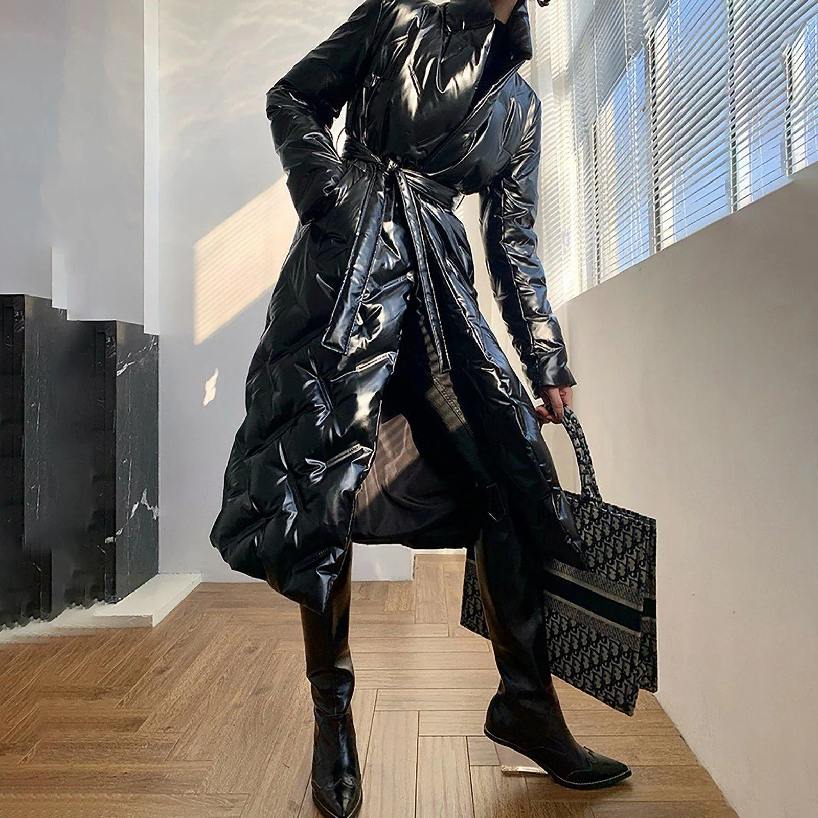 Glossy Belted Wrap Down Puffer Longline Coat