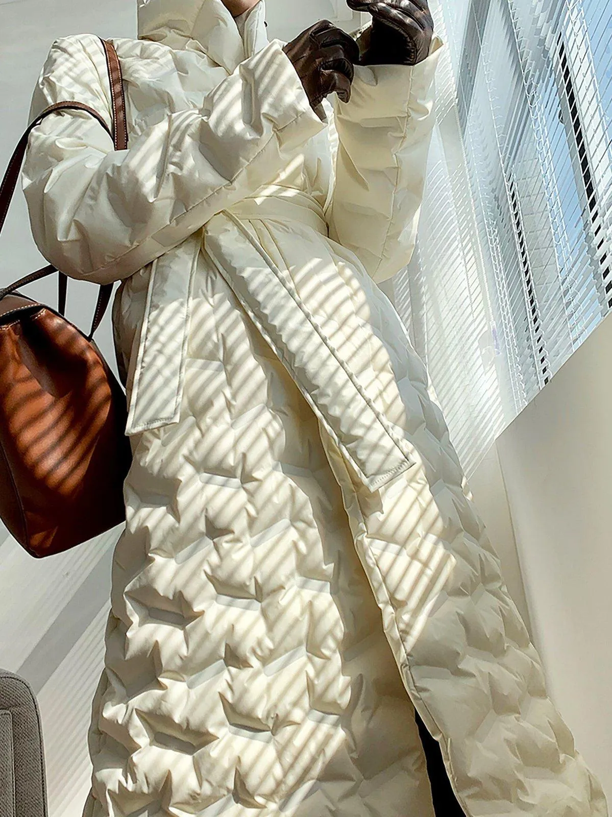 Glossy Belted Wrap Down Puffer Longline Coat
