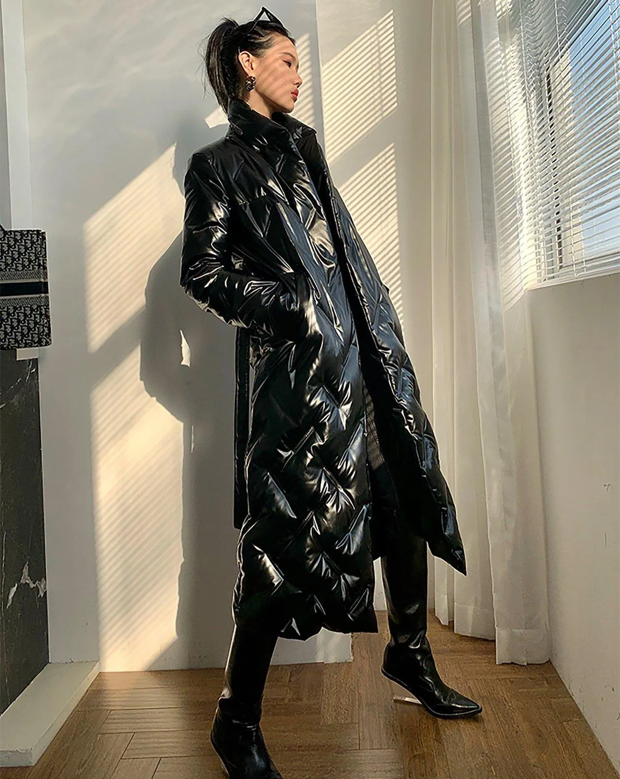 Glossy Belted Wrap Down Puffer Longline Coat