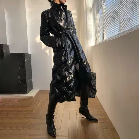 Glossy Belted Wrap Down Puffer Longline Coat