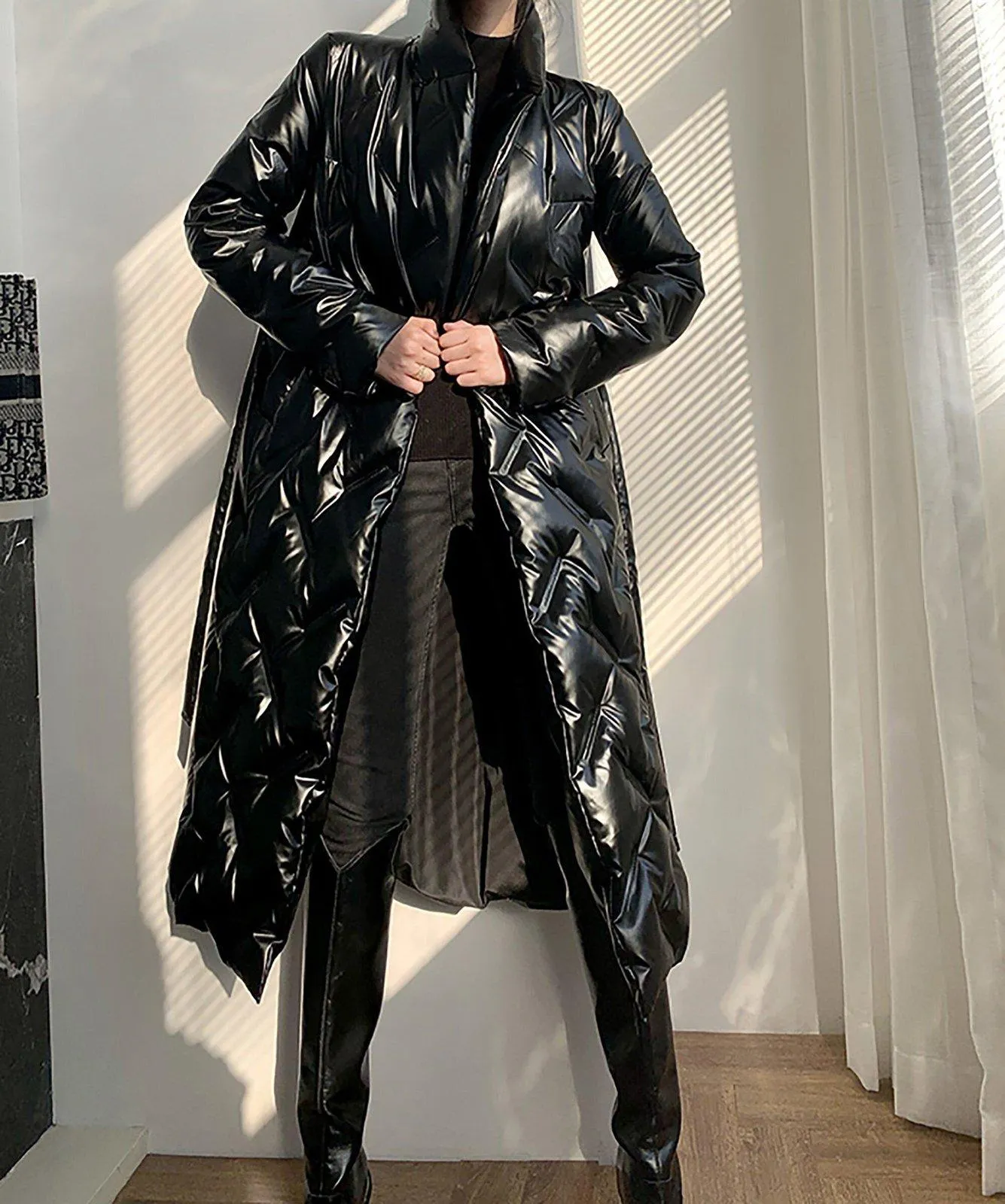 Glossy Belted Wrap Down Puffer Longline Coat