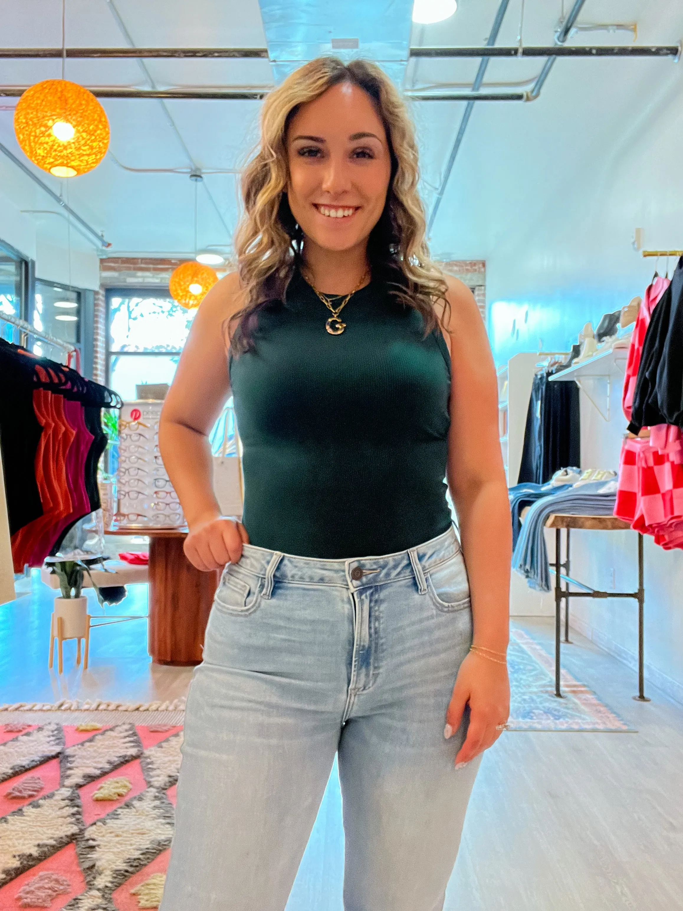 Hunter Green Round Neck Sleeveless Bodysuit