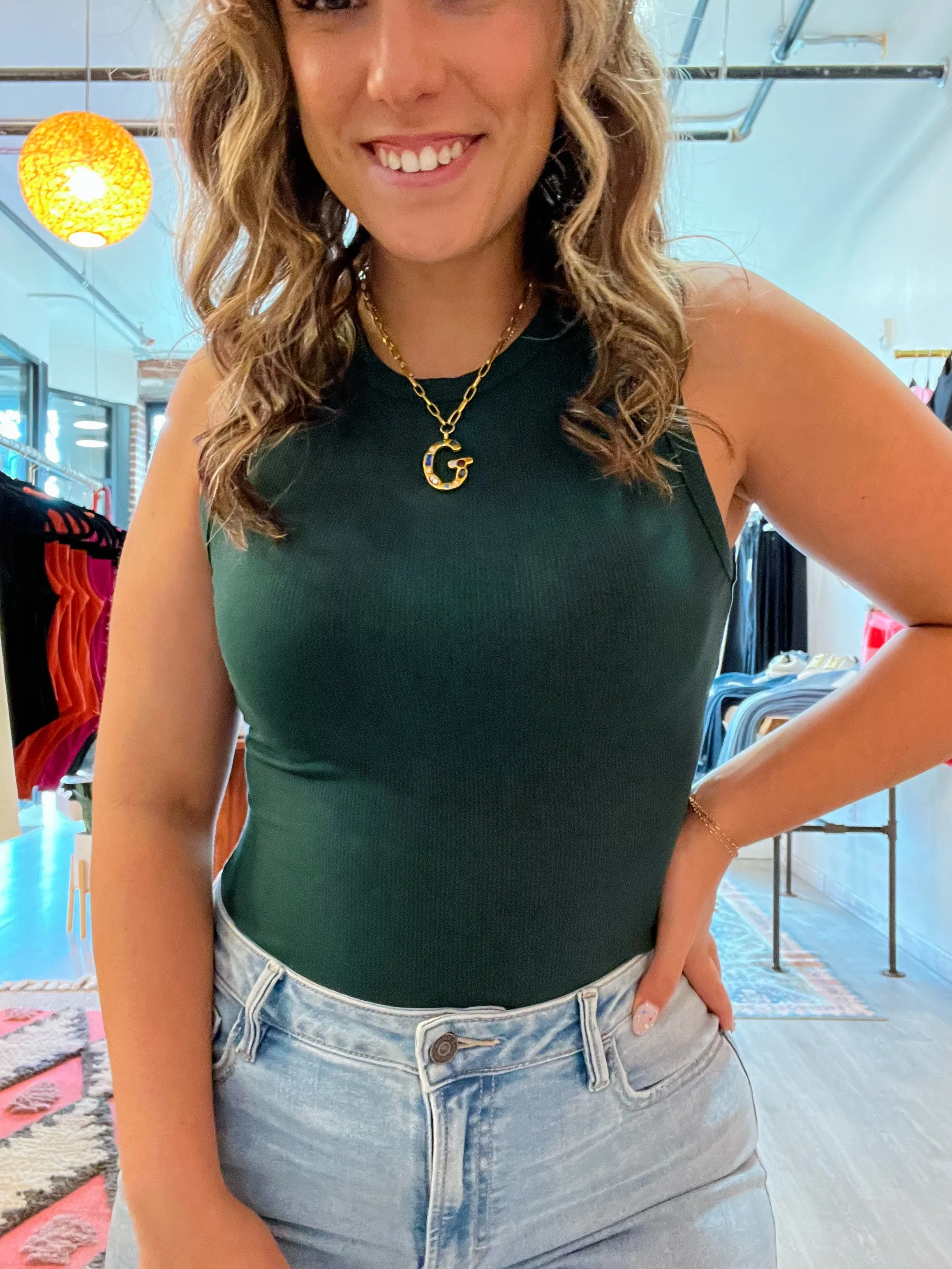 Hunter Green Round Neck Sleeveless Bodysuit