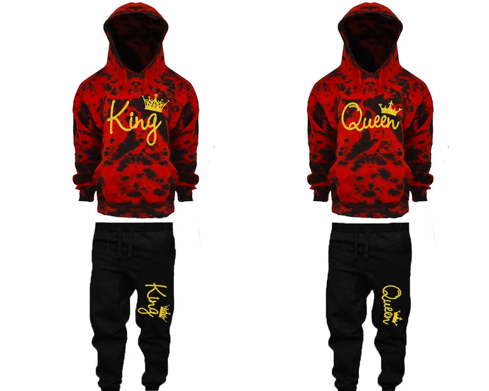 King Queen Couple Matching Red Cloud Tie Dye Hoodies and Black Jogger Pants Set