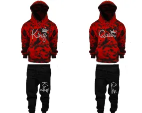 King Queen Couple Matching Red Cloud Tie Dye Hoodies and Black Jogger Pants Set