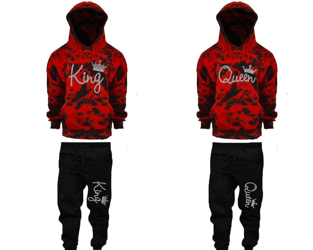 King Queen Couple Matching Red Cloud Tie Dye Hoodies and Black Jogger Pants Set