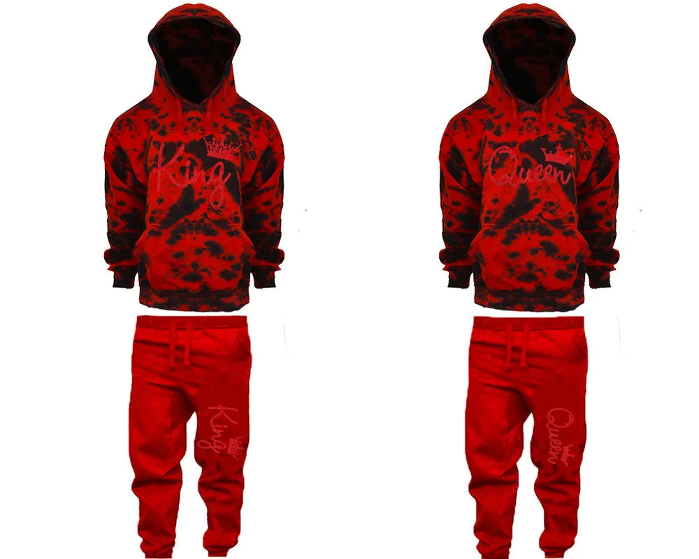 King Queen Couple Matching Red Cloud Tie Dye Hoodies and Red Jogger Pants Set