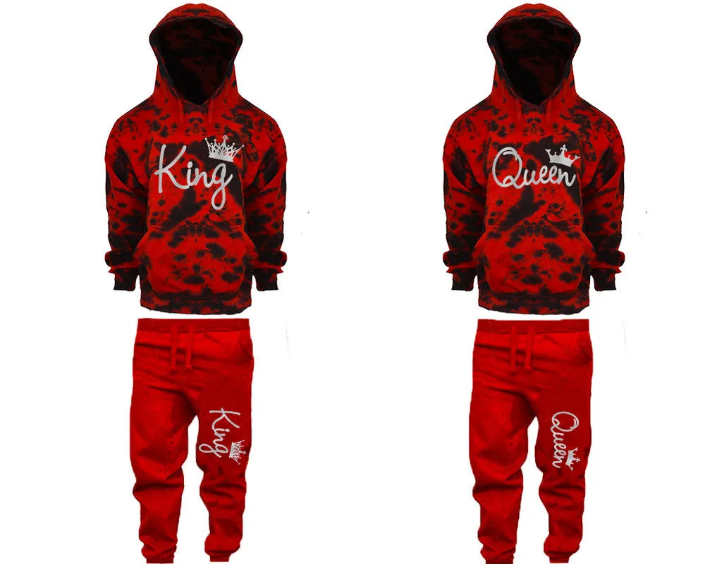 King Queen Couple Matching Red Cloud Tie Dye Hoodies and Red Jogger Pants Set