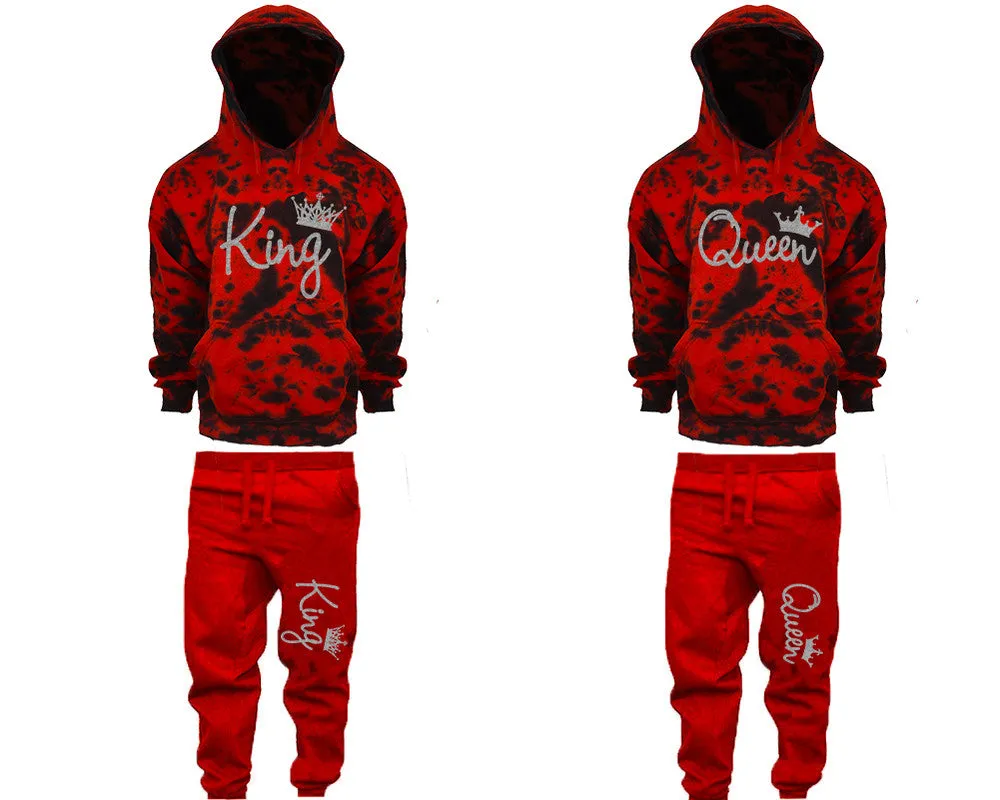 King Queen Couple Matching Red Cloud Tie Dye Hoodies and Red Jogger Pants Set