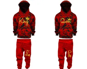 King Queen Couple Matching Red Cloud Tie Dye Hoodies and Red Jogger Pants Set