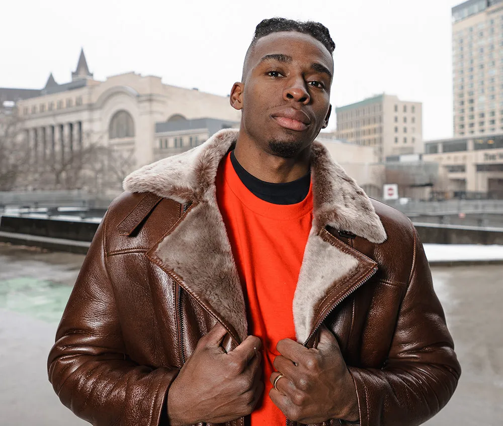 Mens Mateo Brown Biker Bomber Shearling Jacket with Stylish Lapels