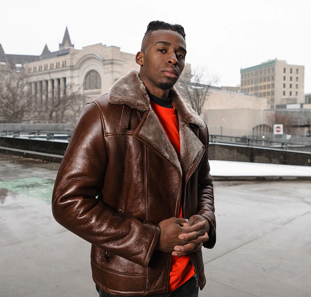 Mens Mateo Brown Biker Bomber Shearling Jacket with Stylish Lapels