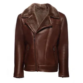 Mens Mateo Brown Biker Bomber Shearling Jacket with Stylish Lapels