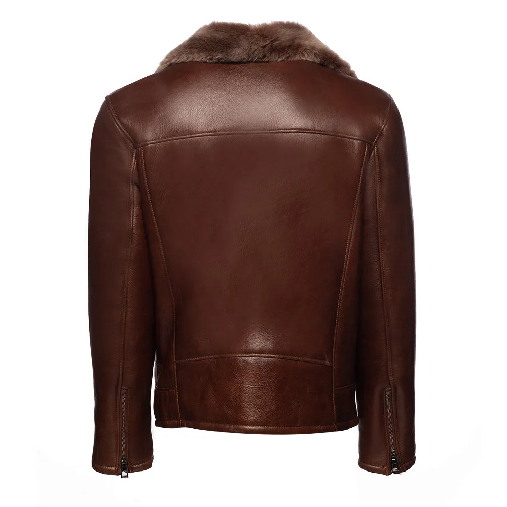 Mens Mateo Brown Biker Bomber Shearling Jacket with Stylish Lapels