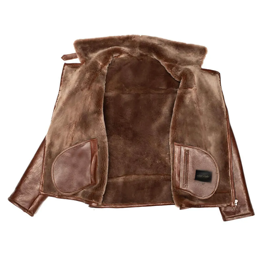 Mens Mateo Brown Biker Bomber Shearling Jacket with Stylish Lapels