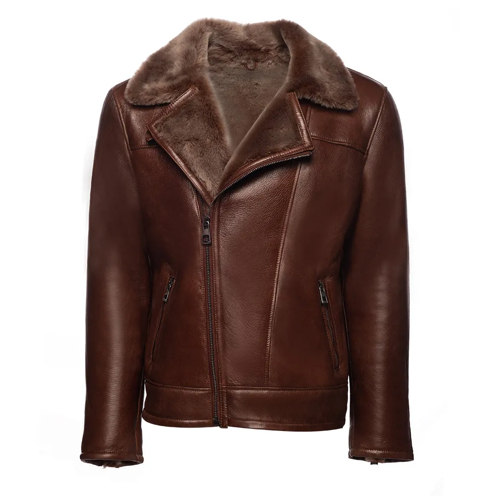 Mens Mateo Brown Biker Bomber Shearling Jacket with Stylish Lapels