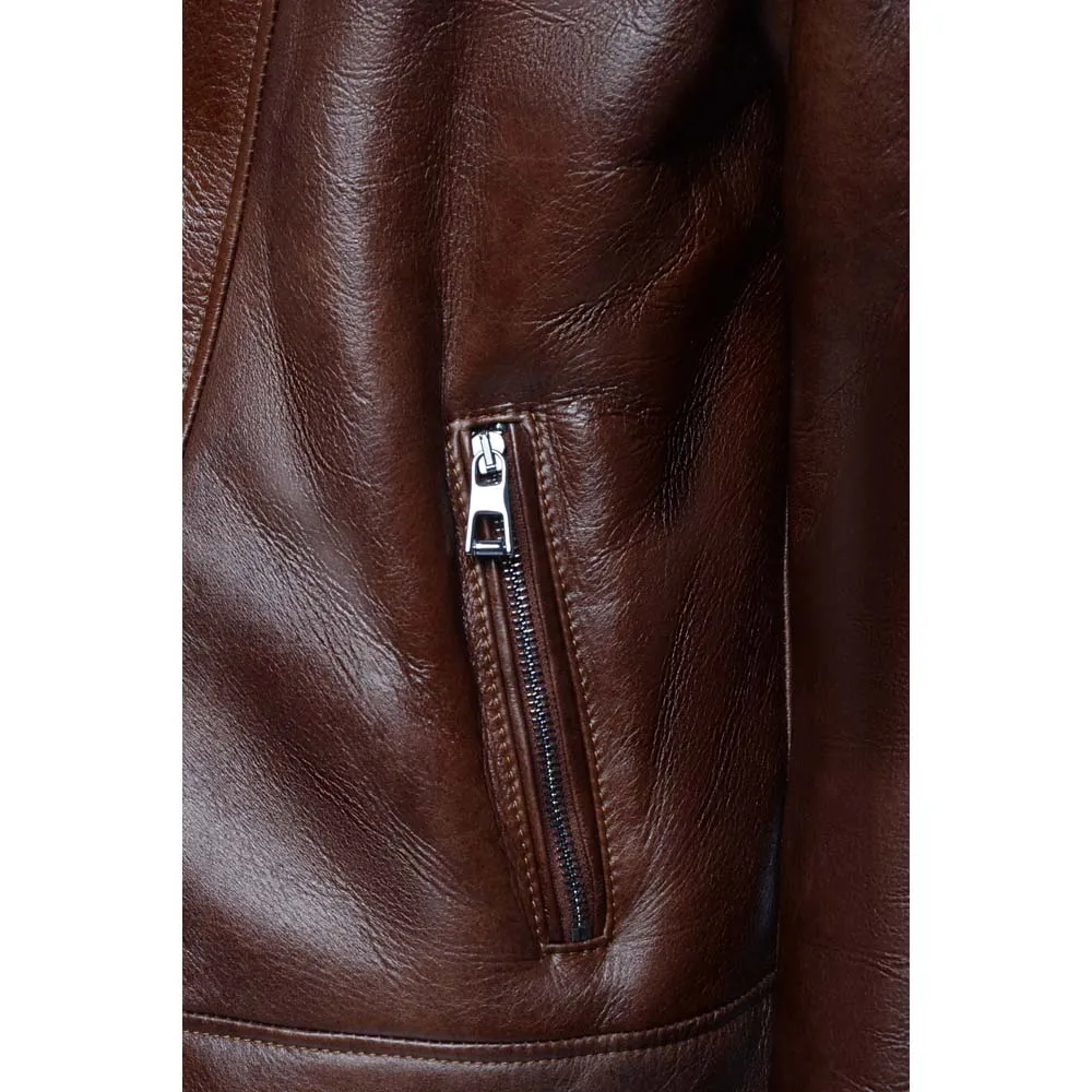Mens Mateo Brown Biker Bomber Shearling Jacket with Stylish Lapels