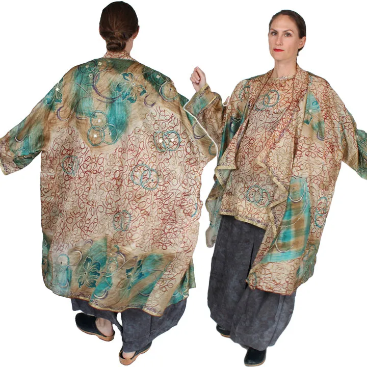 New! Sunheart  Coat Vintage Silk Embroidered Gold Scribble Cachet Coat Sml-7X