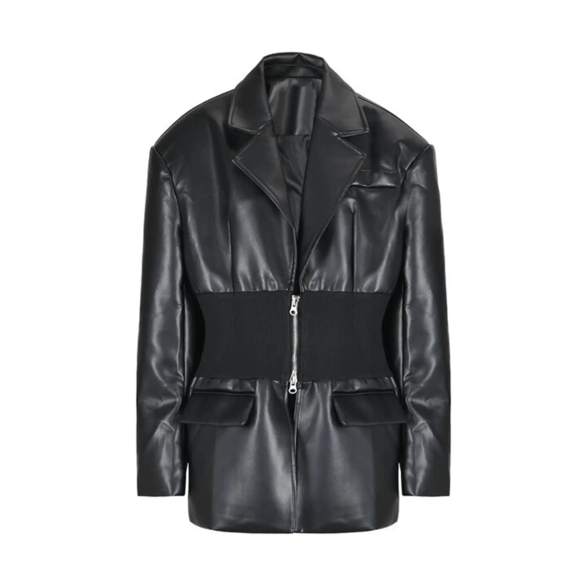 Pre Order:  Elastic Waist Vegan Leather Jacket