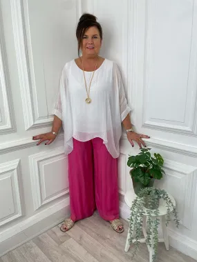 Silk Mix Side Split Trouser - Fuchsia