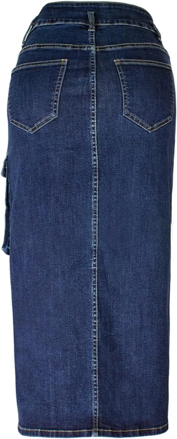 Women's Cargo Denim Pencil Skirt Dressy High Waist Office Work Midi Skirts Sexy Slim Fit Split Front Hem Jean Skirt
