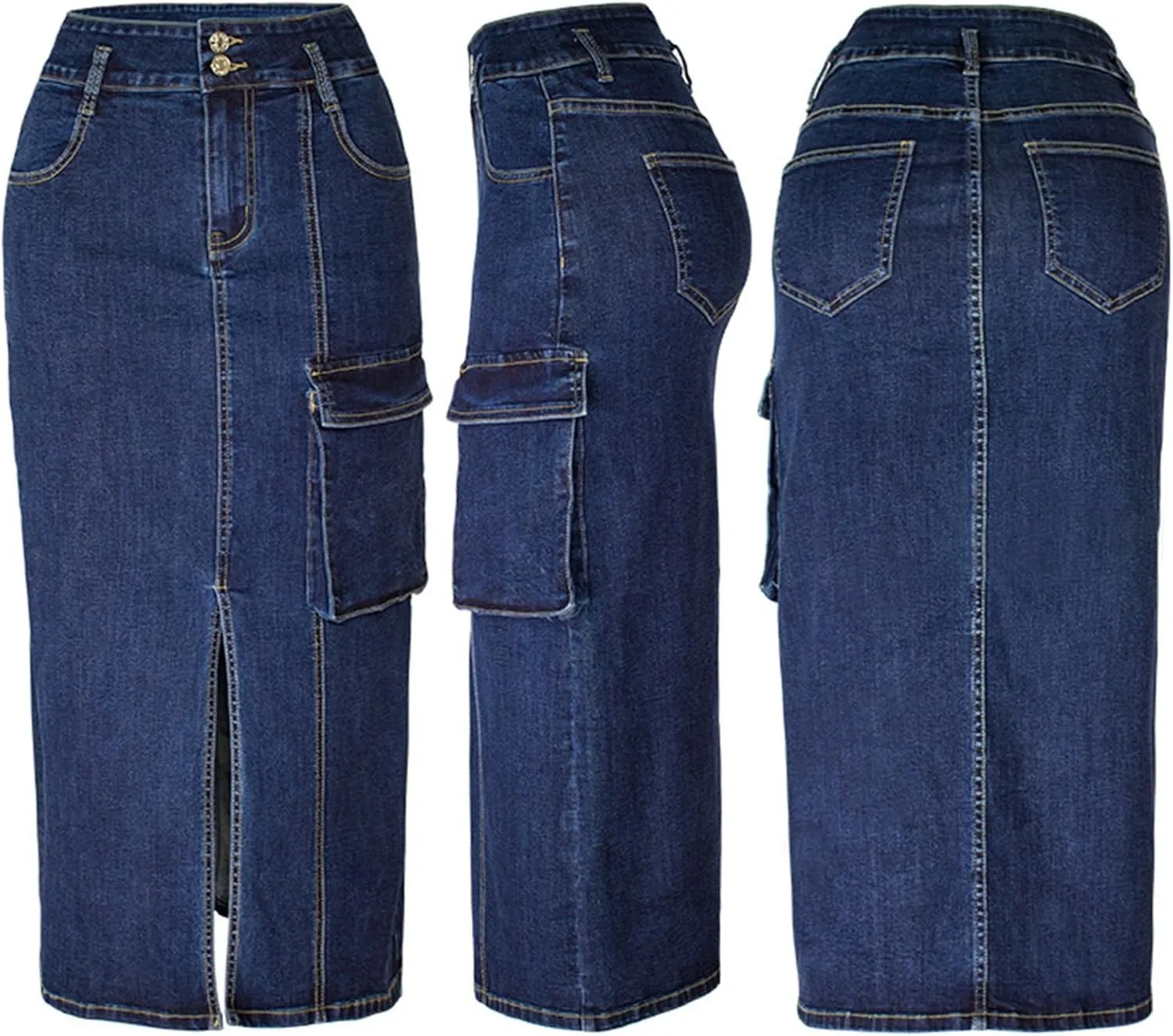 Women's Cargo Denim Pencil Skirt Dressy High Waist Office Work Midi Skirts Sexy Slim Fit Split Front Hem Jean Skirt
